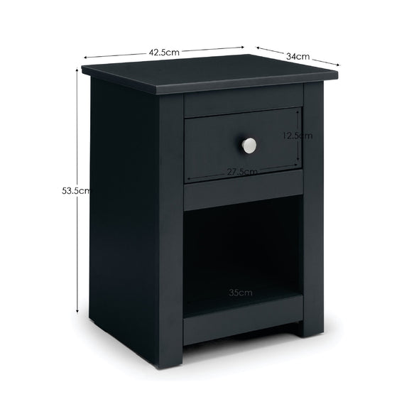 Black nightstand with dimensions labeled on a white background