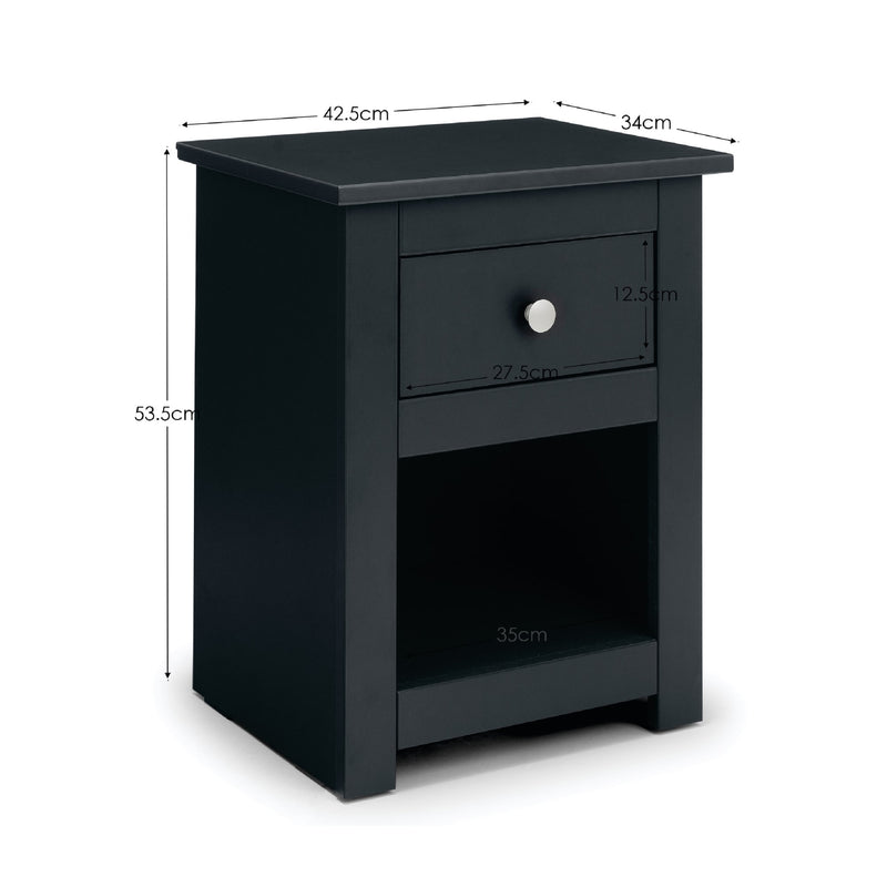 Black nightstand with dimensions labeled on a white background