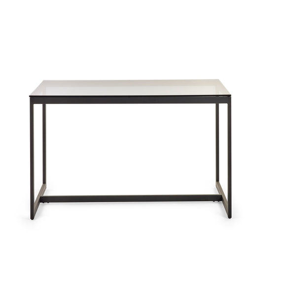 Minimalist table with a white marble top and black metal frame on a white background