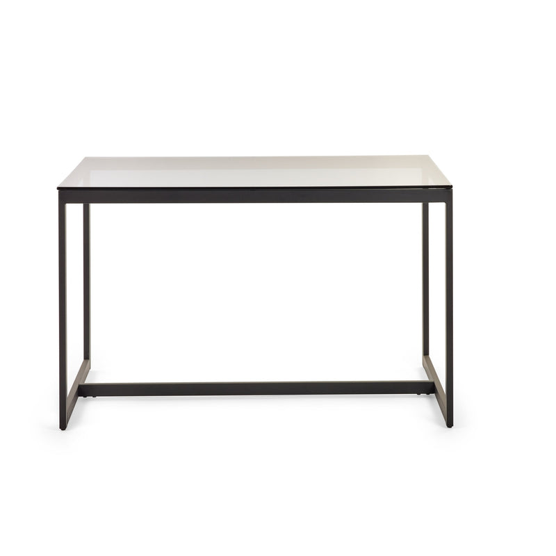 Minimalist table with a white marble top and black metal frame on a white background