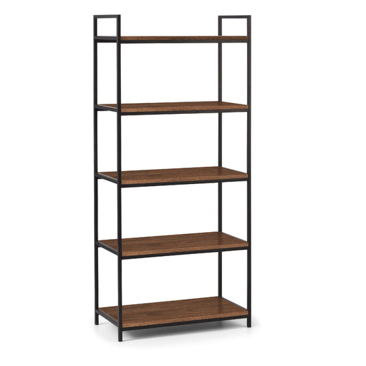 Bookshelf with five wooden shelves and metal frames on a white background