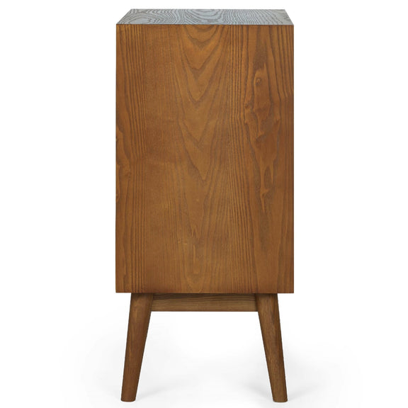 Wooden side table with a white background
