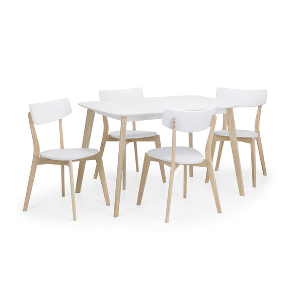 Dining table with four matching chairs on a white background