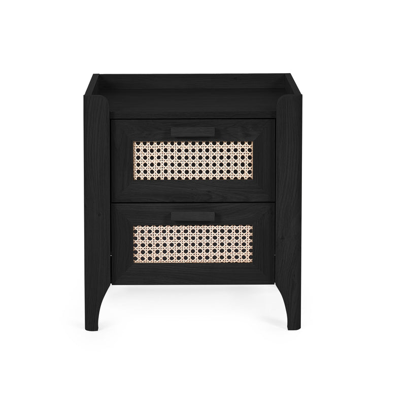 Black wooden nightstand with two woven rattan drawers