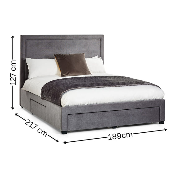 Gray upholstered bed with dimensions labeled on a white background