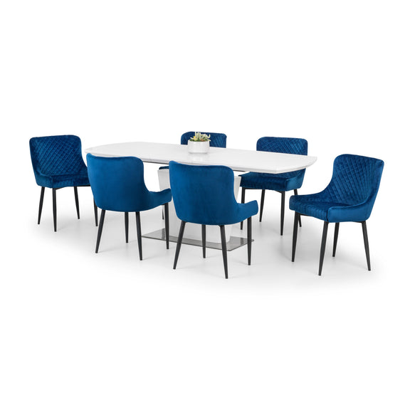 White round table with six blue chairs on a white background