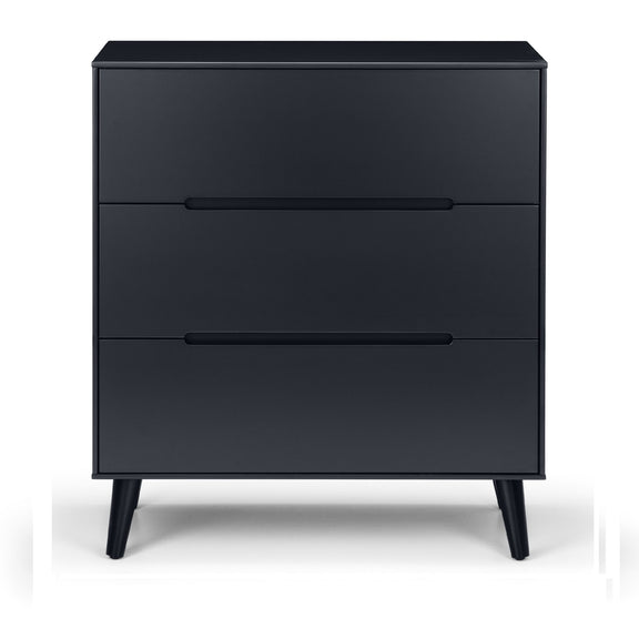 Black dresser with three drawers on a white background