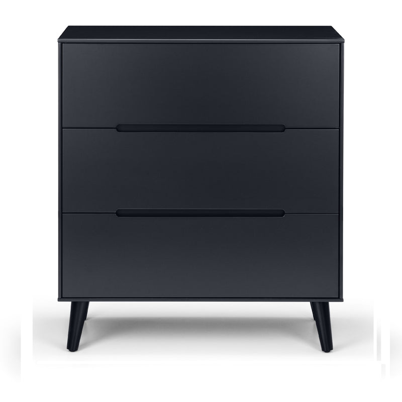 Black dresser with three drawers on a white background