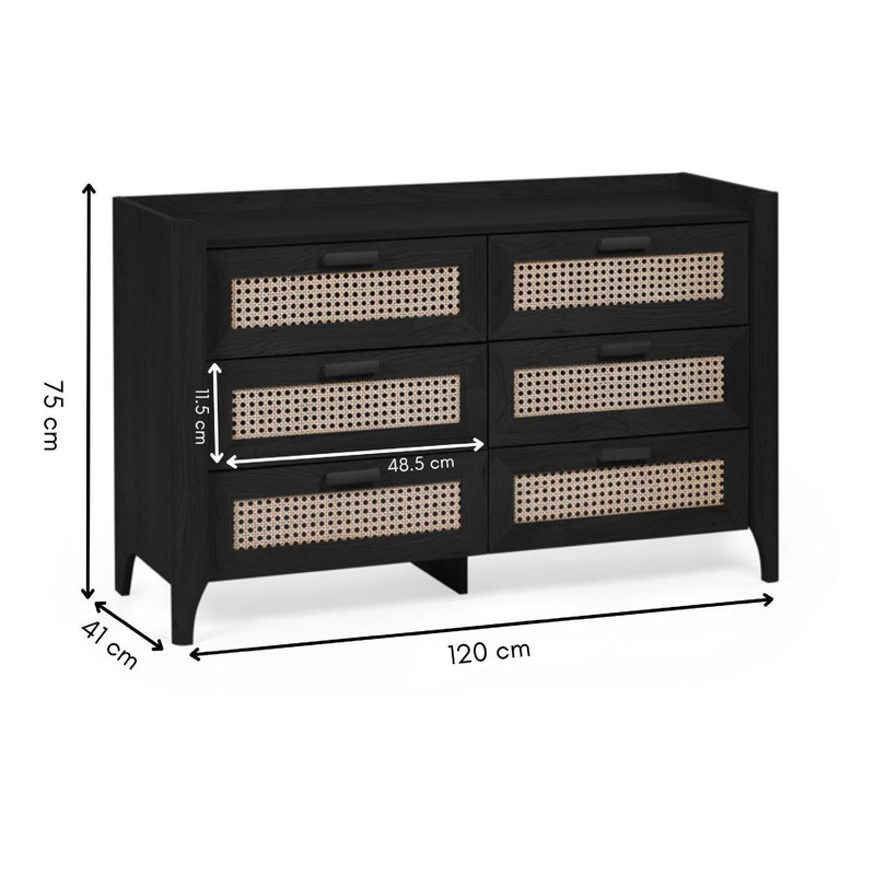 Dimensions of black wooden 6 drawer chest with woven rattan drawer fronts