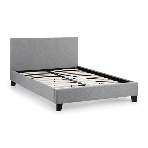 Gray upholstered bed frame on a white background