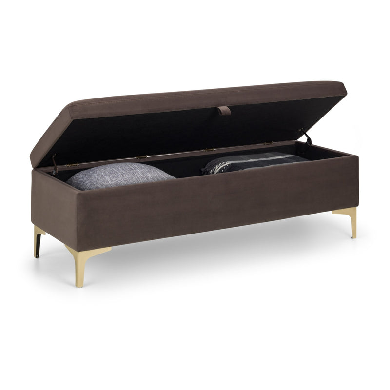 Brown storage bench with open lid on a white background