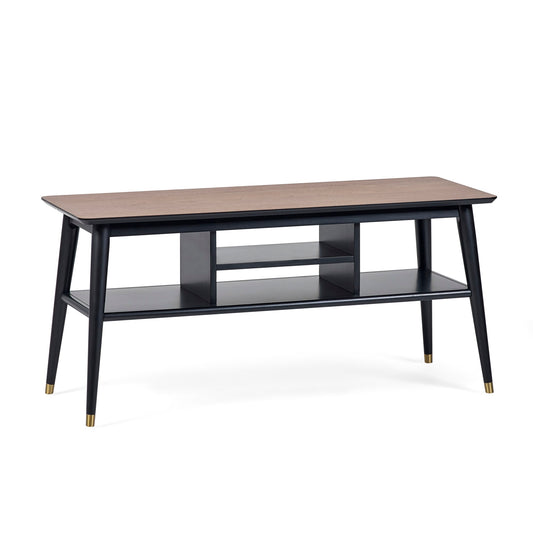 Coffee table with wooden top and black base on a white background