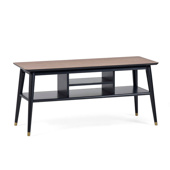 Coffee table with wooden top and black base on a white background