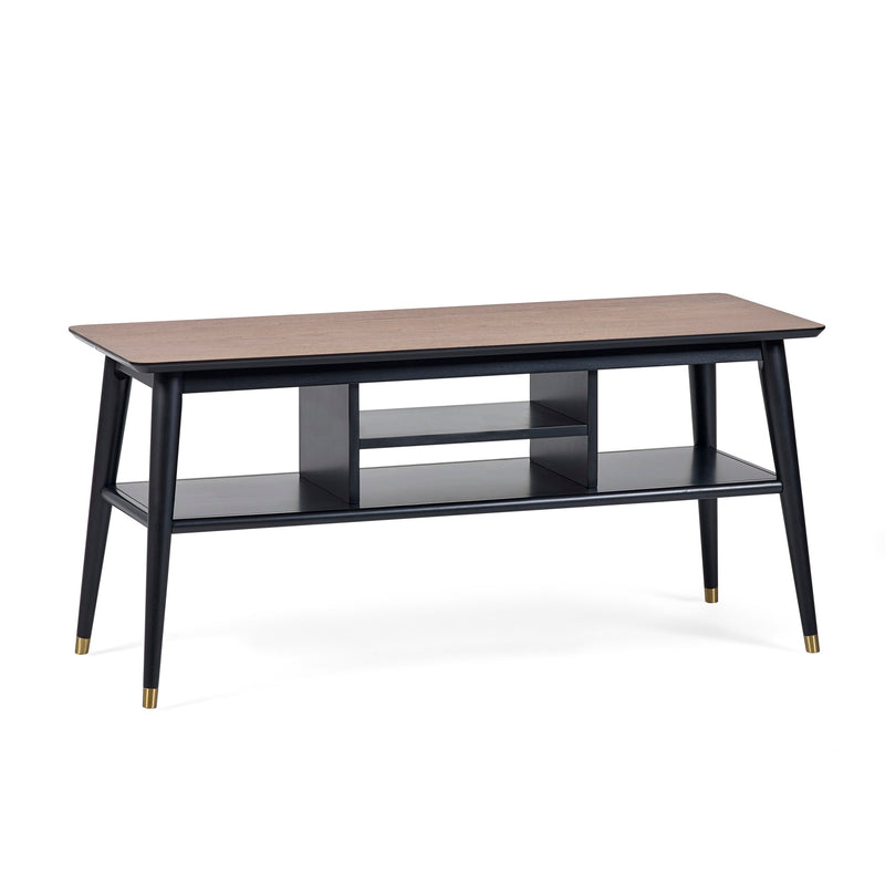 Coffee table with wooden top and black base on a white background