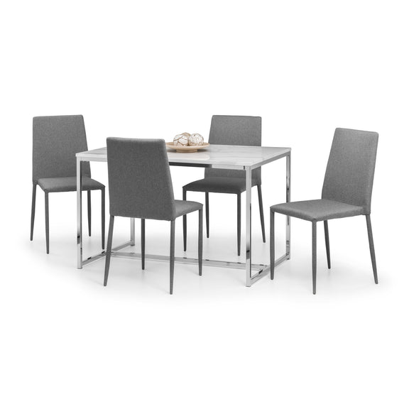 Dining table set with four gray chairs on a white background
