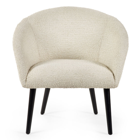 Beige textured armchair with black legs on a white background