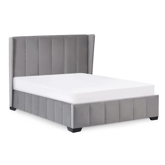 Gray upholstered bed with white mattress on a white background