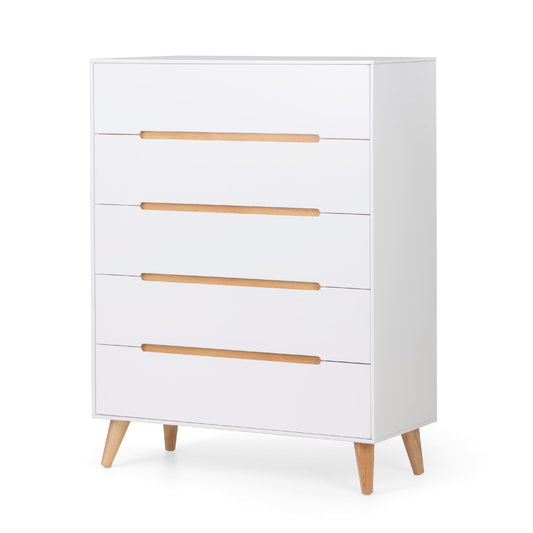 White dresser with wooden drawers and legs on a white background