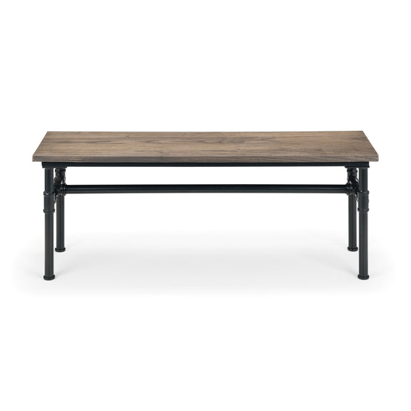 Wooden table with metal legs on a white background