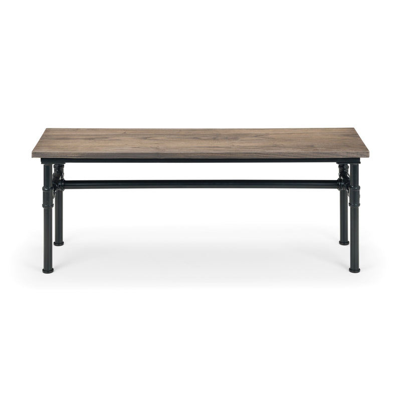 Wooden table with metal legs on a white background