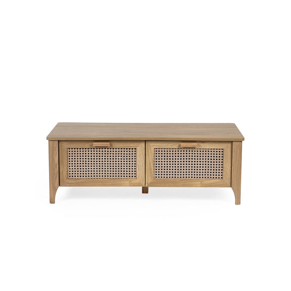 Wooden coffee table with woven design on a white background
