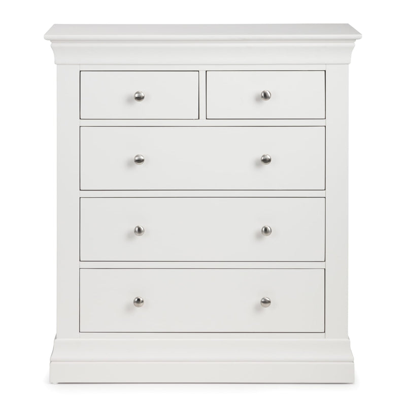 White dresser with four drawers on a white background