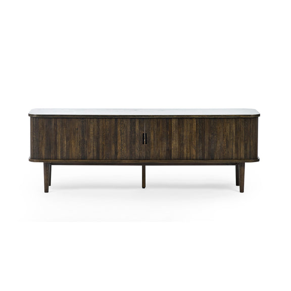 Wooden sideboard with marble top on a white background