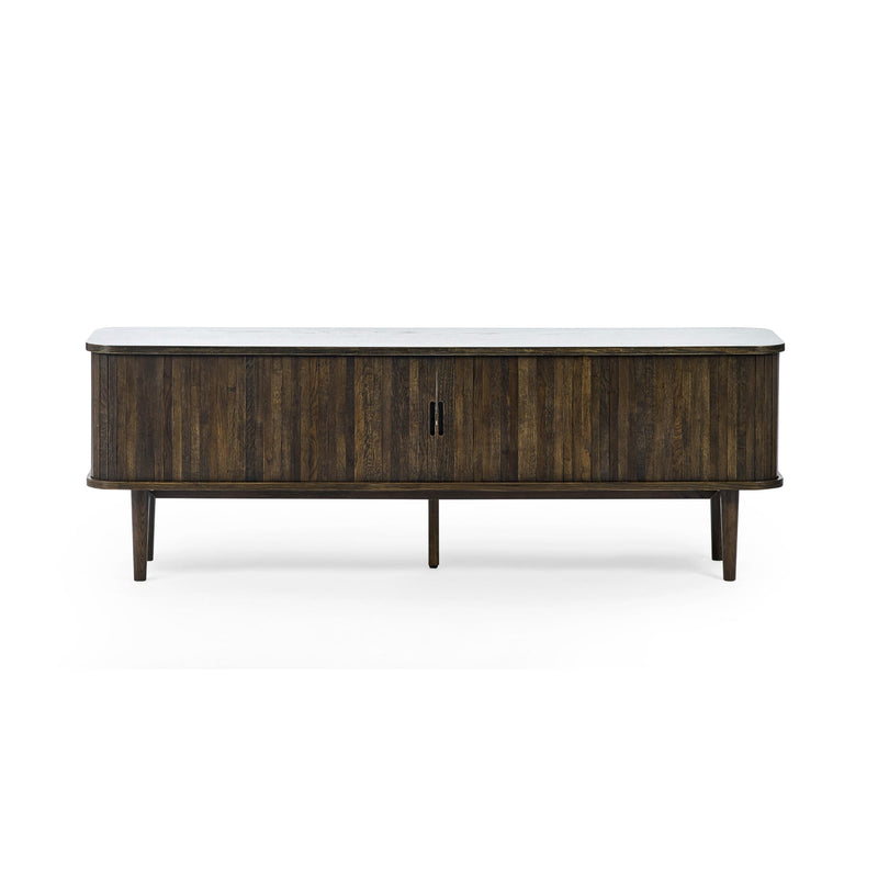 Wooden sideboard with marble top on a white background