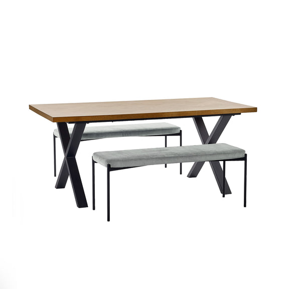 Dining table with two benches on a white background