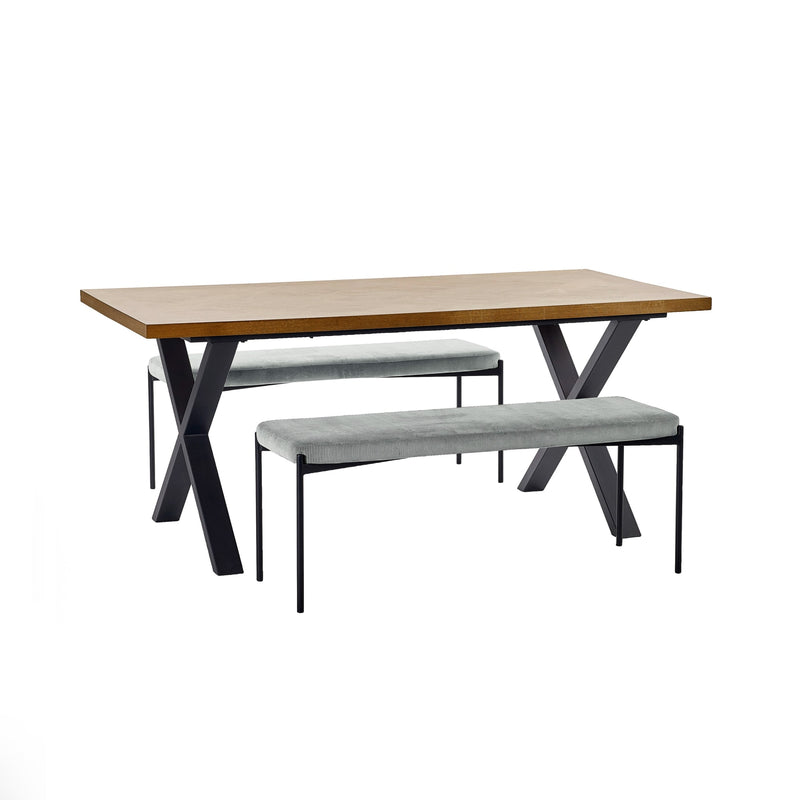 Dining table with two benches on a white background