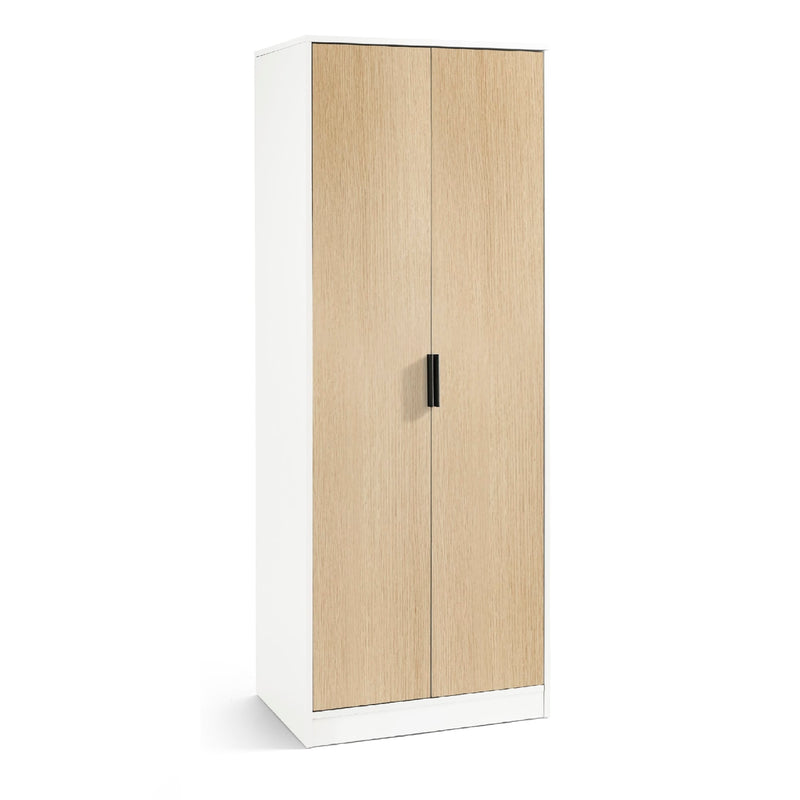 White wardrobe with light wood doors on a white background