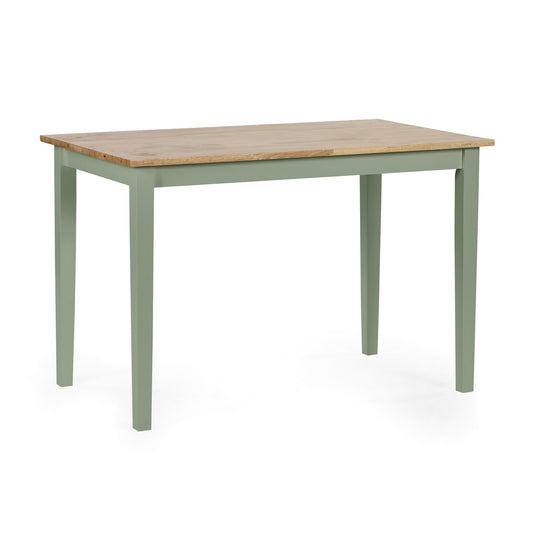 Dining table with wooden top and green base on a white background