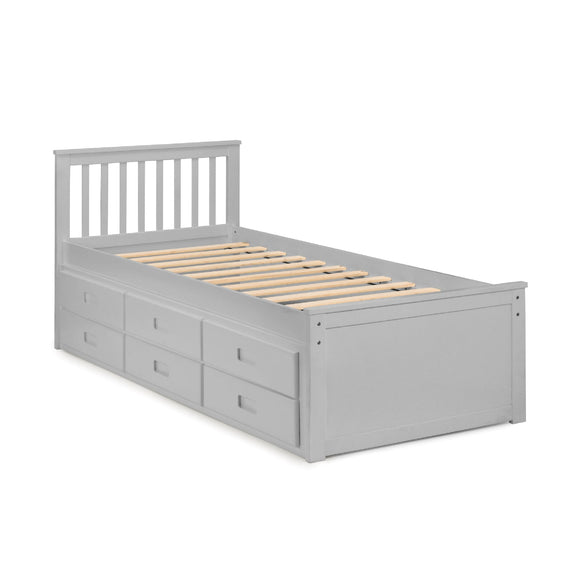 Gray bed frame with wooden slats on a white background