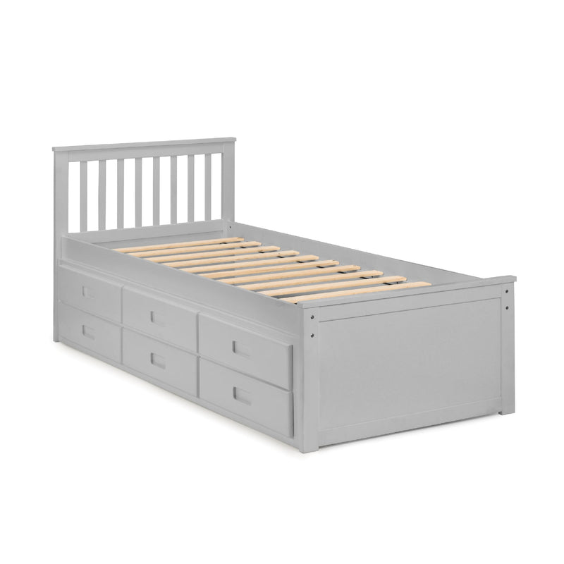 Gray bed frame with wooden slats on a white background