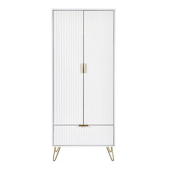White cabinet with gold legs and handle on a white background