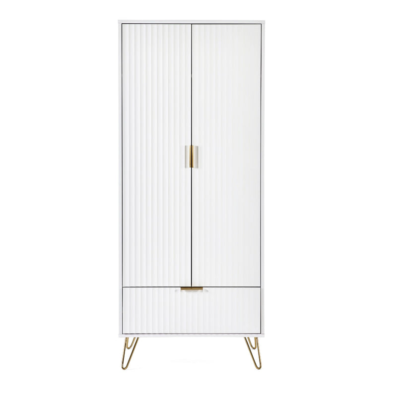 White cabinet with gold legs and handle on a white background