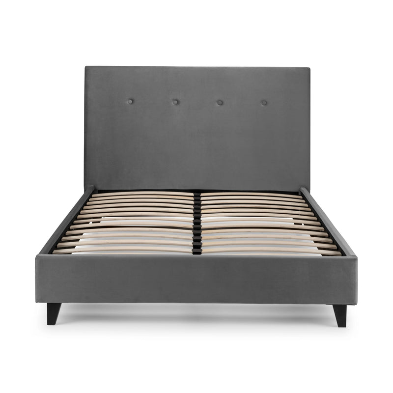 Gray upholstered bed frame on a white background