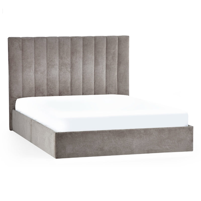 Gray upholstered bed with white mattress on a white background