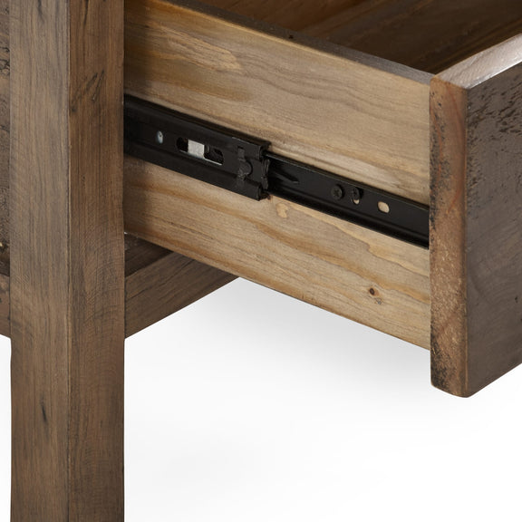 Wooden drawer with a black metal slide on a white background