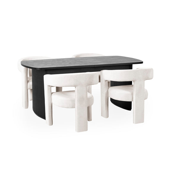 Black dining table with white chairs on a white background