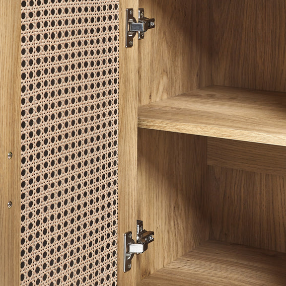 Wooden cabinet with perforated metal door and shelves