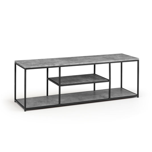 Modern TV stand with concrete-like top and metal frame on a white background