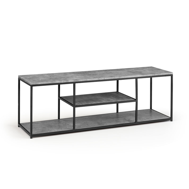 Modern TV stand with concrete-like top and metal frame on a white background