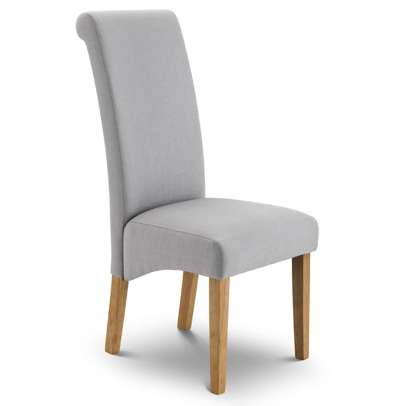 Gray upholstered chair with wooden legs on a white background