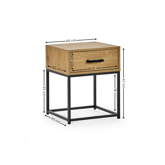 Wooden side table with dimensions labeled on a white background