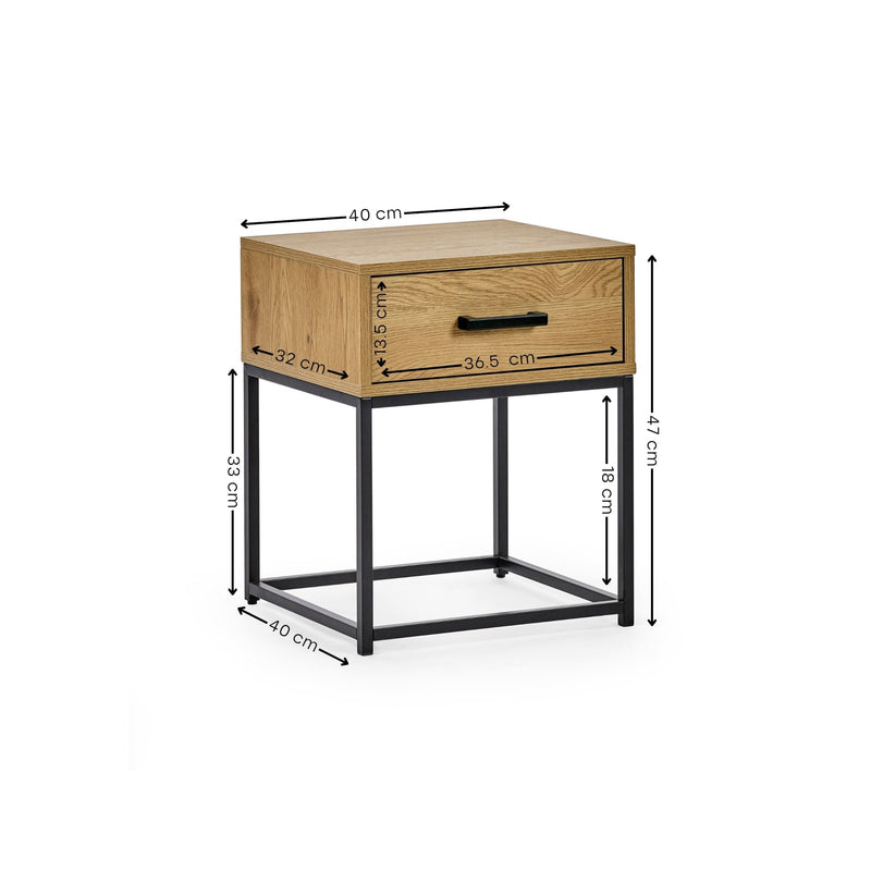 Wooden side table with dimensions labeled on a white background