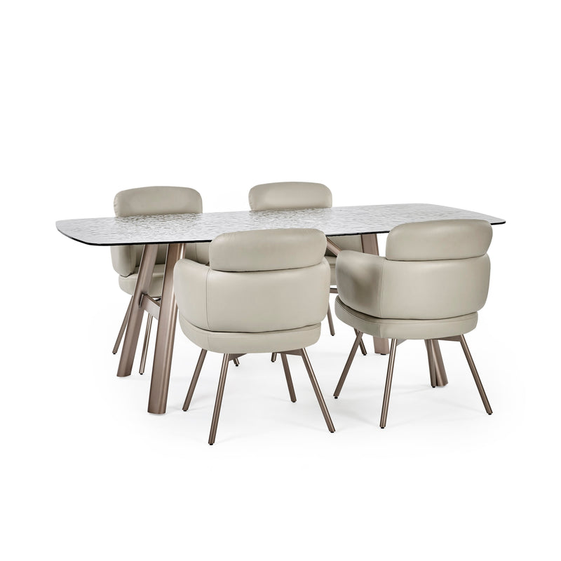 Dining table with six chairs on a white background