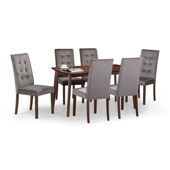 Dining table set with six gray chairs on a white background