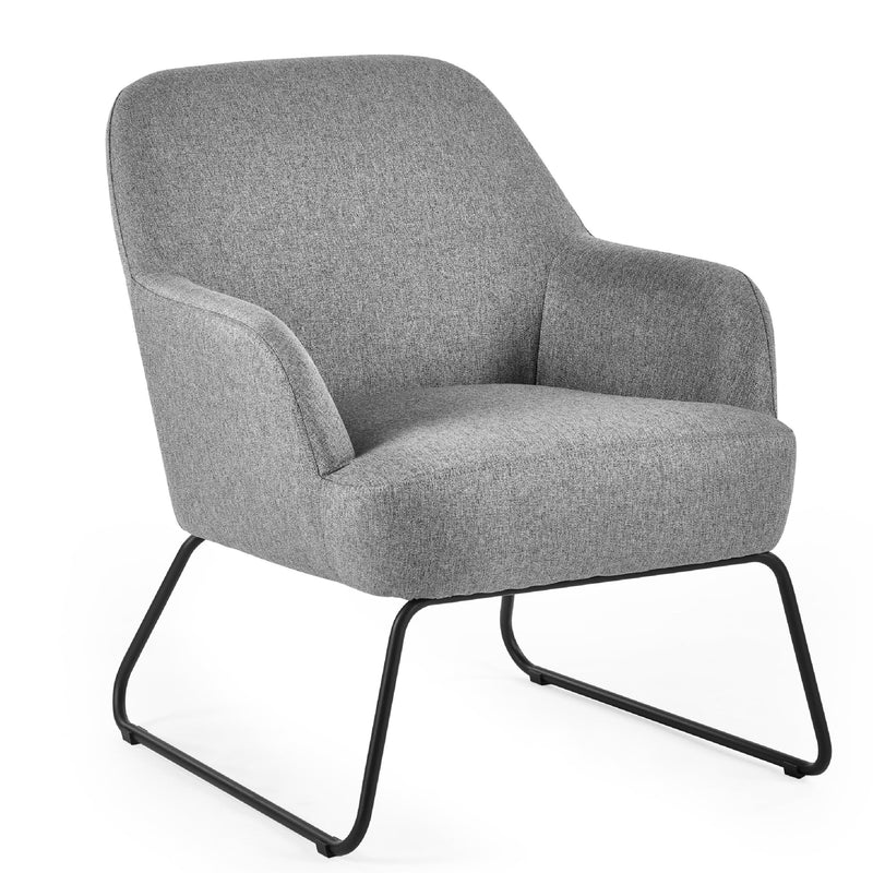 Gray upholstered armchair with black metal legs on a white background