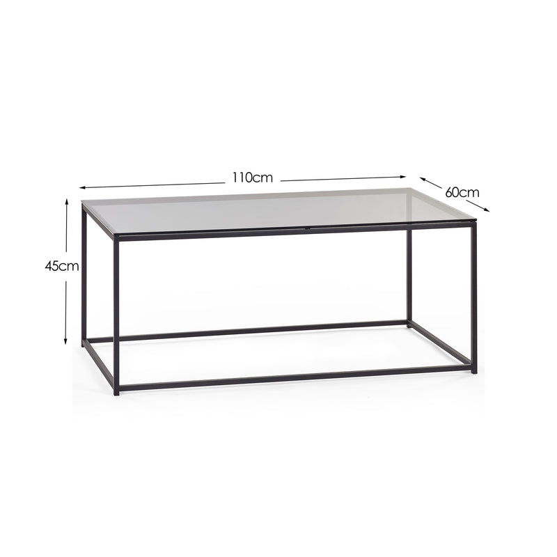 Coffee table with dimensions labeled on a white background